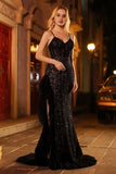 Sparkly Mermaid Black Long Corset Prom Dress with Slit