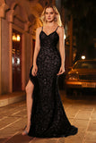 Sparkly Mermaid Black Long Corset Prom Dress with Slit
