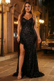 Sparkly Mermaid Black Long Corset Prom Dress with Slit