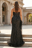 Sparkly Mermaid Black Long Corset Prom Dress with Slit