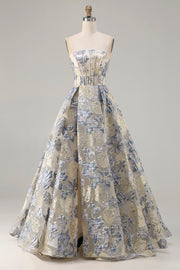 Floral Dusty Blue Strapless A Line Long Corset Prom Dress with Slit