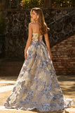 Floral Dusty Blue Strapless A Line Maxi Corset Prom Dress with Slit