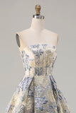 Floral Dusty Blue Strapless A Line Long Corset Prom Dress with Slit
