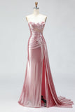 Sparkly Pink Mermaid Strapless Long Corset Prom Dress with Slit