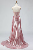 Sparkly Pink Mermaid Strapless Long Corset Prom Dress with Slit