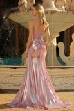 Sparkly Pink Mermaid Strapless Long Corset Prom Dress with Slit