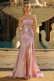 Metallic Dark Green Mermaid Strapless Long Corset Prom Dress with Slit