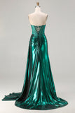 Metallic Dark Green Mermaid Strapless Long Corset Prom Dress with Slit