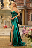 Metallic Dark Green Mermaid Strapless Long Corset Prom Dress with Slit