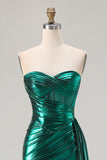 Sparkly Dark Green Ruched Mermaid Long Corset Prom Dress with Slit