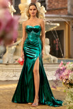 Metallic Dark Green Mermaid Strapless Long Corset Prom Dress with Slit