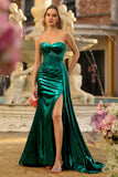 Metallic Dark Green Mermaid Strapless Long Corset Prom Dress with Slit
