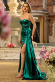 Metallic Dark Green Mermaid Strapless Long Corset Prom Dress with Slit