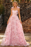 Sparkly Pink Floral Ball Gown Sequin Maxi Prom Dress with Bows