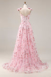 Sparkly Pink Floral Spaghetti Straps Sequin Maxi Prom Dress with Bows