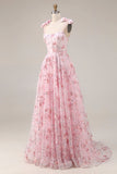 Sparkly Pink Floral Spaghetti Straps Sequin Maxi Prom Dress with Bows