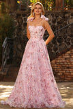 Sparkly Pink Floral Ball Gown Sequin Maxi Prom Dress with Bows