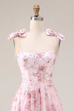 Sparkly Pink Floral Spaghetti Straps Sequin Maxi Prom Dress with Bows