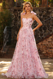 Sparkly Pink Floral Ball Gown Sequin Maxi Prom Dress with Bows