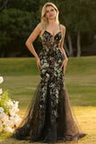 Sparkly Black Beaded Floral Mermaid Spaghetti Straps Maxi Corset Prom Dress