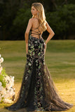 Sparkly Black Beaded Floral Mermaid Spaghetti Straps Maxi Corset Prom Dress