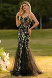 Sparkly Black Beaded Floral Mermaid Spaghetti Straps Maxi Corset Prom Dress