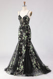 Sparkly Floral Black Beaded Long Corset Prom Dress with Criss Cross Back