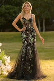 Sparkly Black Beaded Floral Mermaid Spaghetti Straps Maxi Corset Prom Dress