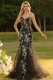 Sparkly Black Beaded Floral Mermaid Spaghetti Straps Maxi Corset Prom Dress