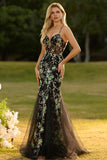 Sparkly Black Beaded Floral Mermaid Spaghetti Straps Maxi Corset Prom Dress