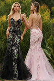 Sparkly Black Beaded Floral Mermaid Spaghetti Straps Maxi Corset Prom Dress