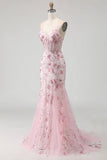 Sparkly Pink Beaded Floral Spaghetti Straps Mermaid Corset Long Prom Dress