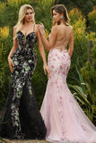 Sparkly Black Beaded Floral Mermaid Spaghetti Straps Maxi Corset Prom Dress