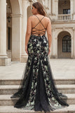 Sparkly Black Beaded Floral Mermaid Spaghetti Straps Maxi Corset Prom Dress