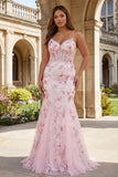 Sparkly Pink Beaded Floral Spaghetti Straps Mermaid Corset Long Prom Dress