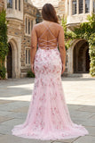 Sparkly Pink Beaded Floral Spaghetti Straps Mermaid Corset Long Prom Dress