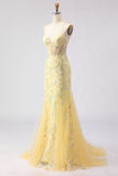 Sparkly Yellow Floral Mermaid Spaghetti Straps Long Corset Prom Dress with Beading