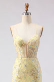 Sparkly Yellow Floral Mermaid Spaghetti Straps Long Corset Prom Dress with Beading