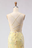 Sparkly Yellow Floral Mermaid Spaghetti Straps Long Corset Prom Dress with Beading