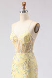 Sparkly Yellow Floral Mermaid Spaghetti Straps Long Corset Prom Dress with Beading