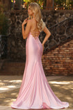 Sparkly Pink Beaded Mermaid Maxi Corset Prom Dress with Slit