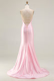 Sparkly Pink Mermaid Long Corset Prom Dress with Slit