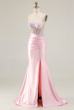 Sparkly Pink Mermaid Long Corset Prom Dress with Slit
