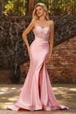 Sparkly Pink Beaded Mermaid Maxi Corset Prom Dress with Slit