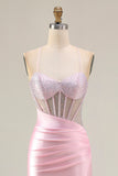 Sparkly Pink Mermaid Long Corset Prom Dress with Slit