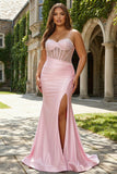 Sparkly Pink Beaded Mermaid Maxi Corset Prom Dress with Slit