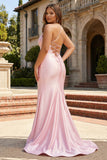 Sparkly Pink Beaded Mermaid Maxi Corset Prom Dress with Slit