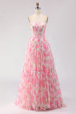 Pink Floral A-Line Chiffon Long Corset Prom Dress with Ruffles