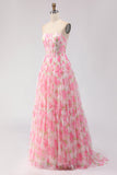 Pink Floral A-Line Chiffon Long Corset Prom Dress with Ruffles