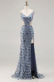 Sparkly Dusty Blue Cut Out Beaded Long Floral Prom Dress with Slit